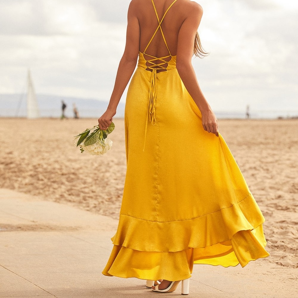 Mustard Yellow Satin Lace-Up High-Low Maxi Dress  M